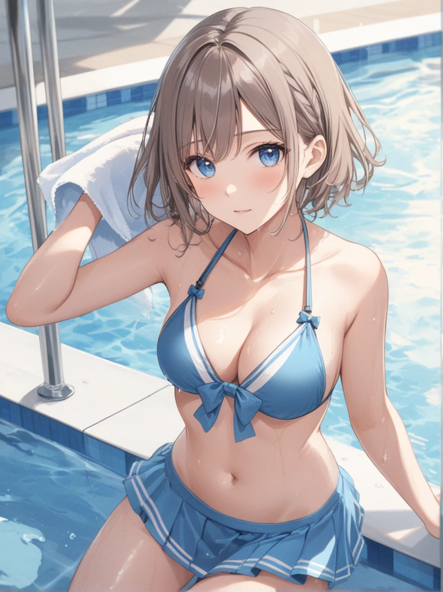 (best quality), ((masterpiece)), (highres), illustration, original, extremely detailed,   yyds, 1girl, solo, watanabe you, breasts, blue eyes, swimsuit, cleavage, bikini, towel, looking at viewer, short hair, medium breasts, blush, blue bikini, wet, poolside, pool, bow, sparkle, wet hair, brown hair, water, blue bow, bikini skirt, collarbone, holding, grey hair, bangs