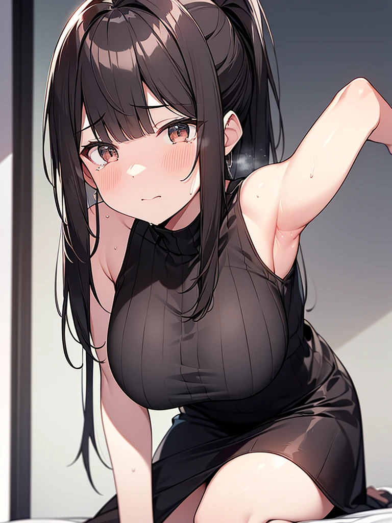 NSFW Black sleeveless vertical striped shirt:1.3 1 female 1 male、Sex with a slim muscular man:1.3. Excitement, sweating, flushing), (Night, dark room, apartment room, lying on a white bed, troubled face, crying face)、 (Black hair, medium length, ponytail, straight hair, bangs swept to the side:1.9 Slanted eyes Brown eyes Tall Big breasts Strong Beautiful Cute) 、