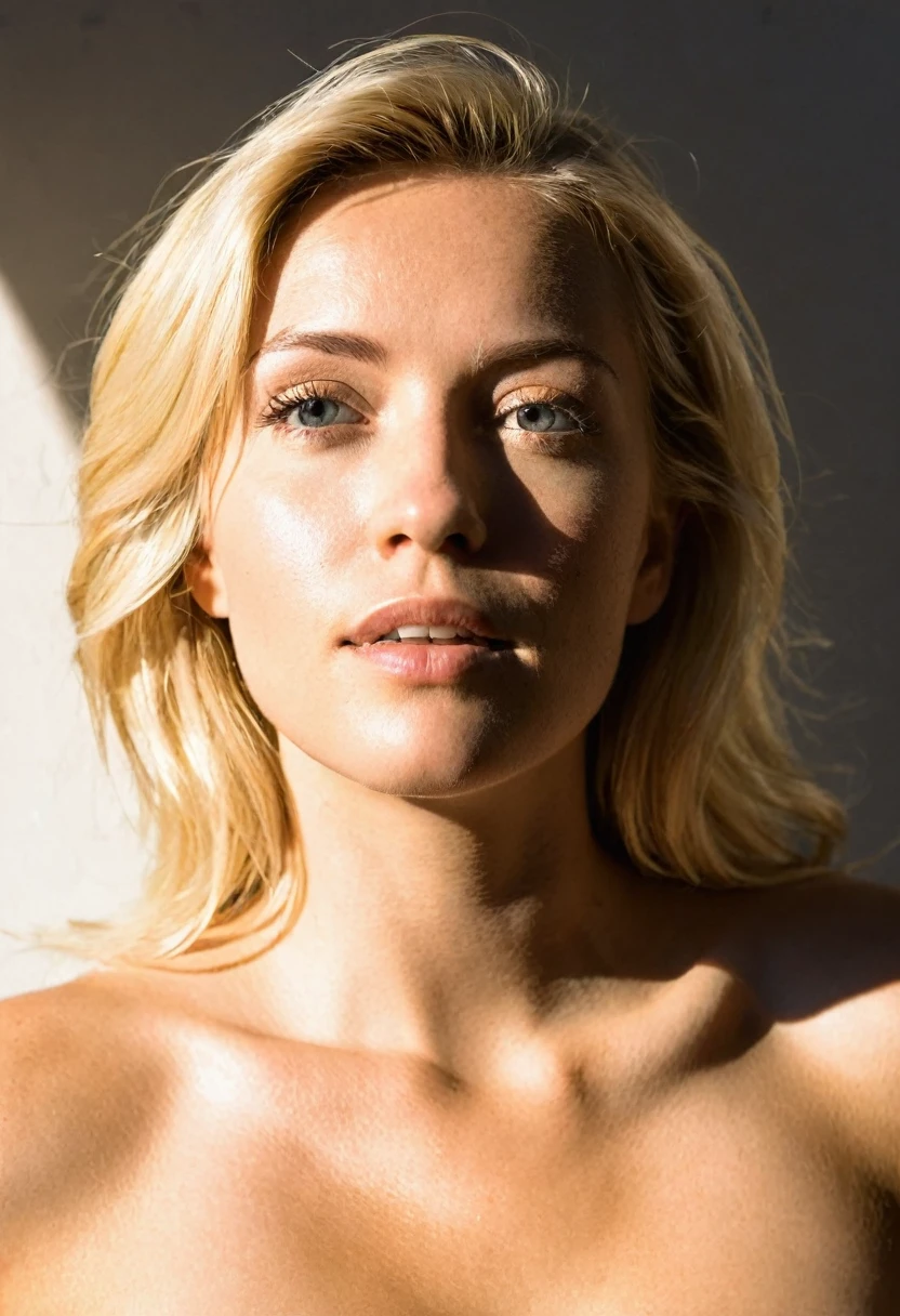 Bright blonde woman, looking directly up, topless, strong backlighting