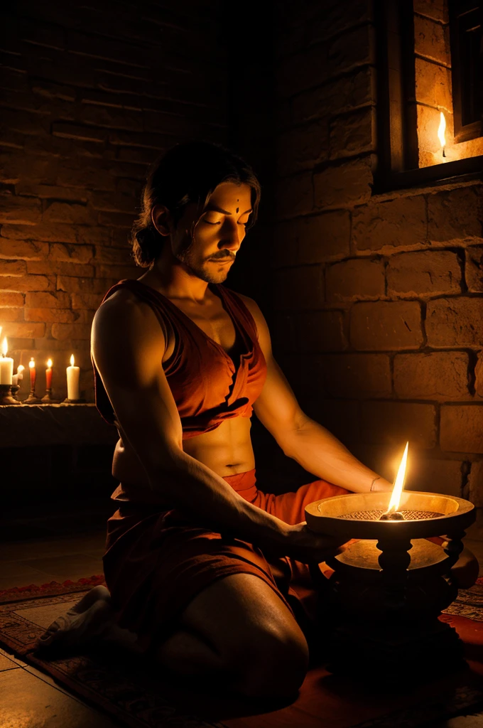 In a dark room, a 50-year-old man wearing a red cloth is sitting on the floor performing yajna at the yajna altar. Only the back of the man is visible. The dark room is dimly illuminated by the light of the sacrificial fire. On the wall in front of the manor is a terracotta Hindu goddess, seated on Padmasana.