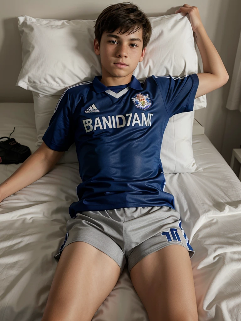 A boy in a soccer uniform without a shirt on a bed