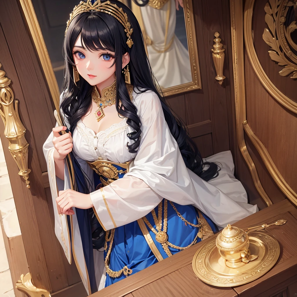 Cute bossy black hair blue eyes old historical koren mahwa style dressing anlong with curls