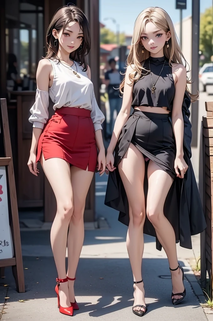 NSFW,((Full Body Shot,Including face)),Standing position,4K,masterpiece,((Focus on the face)),((Symmetrical facial features)),Eye for detailed depiction,Beautiful woman,Excellent style,Beautiful feet,(Small Ass,Thin thighs),(Black Stockings:2,High heels),Facial detailing,Small earrings,necklace,Low angle photo,((Sleeveless,Red skirt)),Scenes of people playing sports,blue blonde,(Panty shot:1.5)