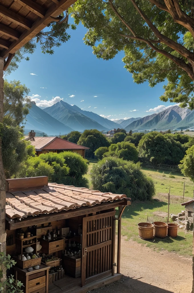 create a image as a landscape there is a mountains greenish mountains below that old tranional house is there before the house there is one youny guy selling the honey,oils,herbal flower and mushrooms name the house as Bogan's alchemy