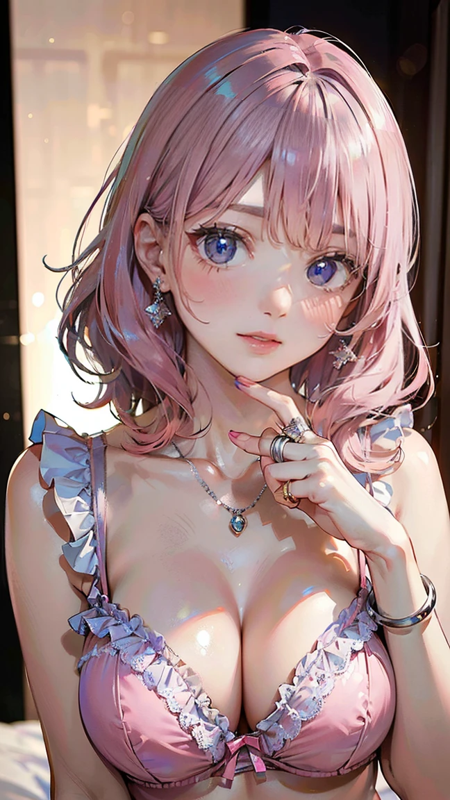 (Masterpiece, BestQuality:1.3), (ultra detailed:1.2), (hyperrealistic:1.3), (RAW photo:1.2), High detail RAW color photo, professional photograph, (Photorealistic:1.4), (realistic:1.4), (Pink Hair:1.5), professional lighting, perfect anatomy, (Big Breasts:1.2), (blush, detailed face), (cheerful Smile:1.5), Trending Hair&Trending Hairカラーをランダムに, earrings, necklace, bracelet, sexly, erotic sexly, Random sexy gravure poses, (A beautiful woman wearing lavender ruffled lingerie、Smiling cutely while holding a stuffed toy in a luxurious bedroom。A silver ring on her finger。: 1.3)