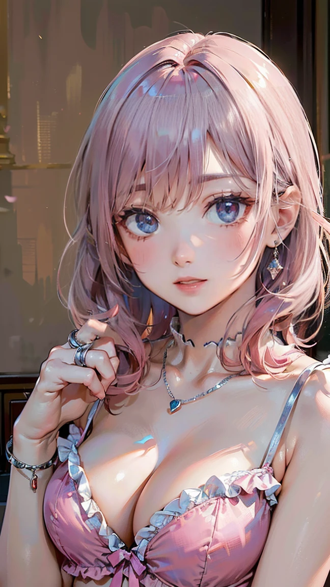 (Masterpiece, BestQuality:1.3), (ultra detailed:1.2), (hyperrealistic:1.3), (RAW photo:1.2), High detail RAW color photo, professional photograph, (Photorealistic:1.4), (realistic:1.4), (Pink Hair:1.5), professional lighting, perfect anatomy, (Big Breasts:1.2), (blush, detailed face), (cheerful Smile:1.5), Trending Hair&Trending Hairカラーをランダムに, earrings, necklace, bracelet, sexly, erotic sexly, Random sexy gravure poses, (A beautiful woman wearing lavender ruffled lingerie、Smiling cutely while holding a stuffed toy in a luxurious bedroom。A silver ring on her finger。: 1.3)