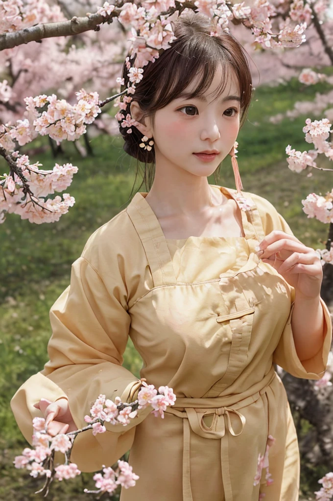 （lifelike， high resolution：1.3）， close up，Sense of story，Realism，Chinese aesthetics，Smart eyes，In a village of apricot blossoms。Apricot blossoms are falling，Showing the vitality of spring。Her movements are playful，Full of lively atmosphere。A pair of earrings made of apricot flowers hang on the ears，Echoing the surrounding apricot blossoms。The background is a sea of pink and white apricot blossoms，Swallows fly among the flowers，In the distance is the smoke from cooking and farmhouses。Fresh and natural colors，Depicting a story about rural style and warmth。