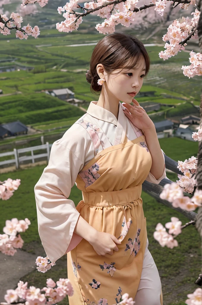 （lifelike， high resolution：1.3）， close up，Sense of story，Realism，Chinese aesthetics，Smart eyes，In a village of apricot blossoms。Apricot blossoms are falling，Showing the vitality of spring。Her movements are playful，Full of lively atmosphere。A pair of earrings made of apricot flowers hang on the ears，Echoing the surrounding apricot blossoms。The background is a sea of pink and white apricot blossoms，Swallows fly among the flowers，In the distance is the smoke from cooking and farmhouses。Fresh and natural colors，Depicting a story about rural style and warmth。