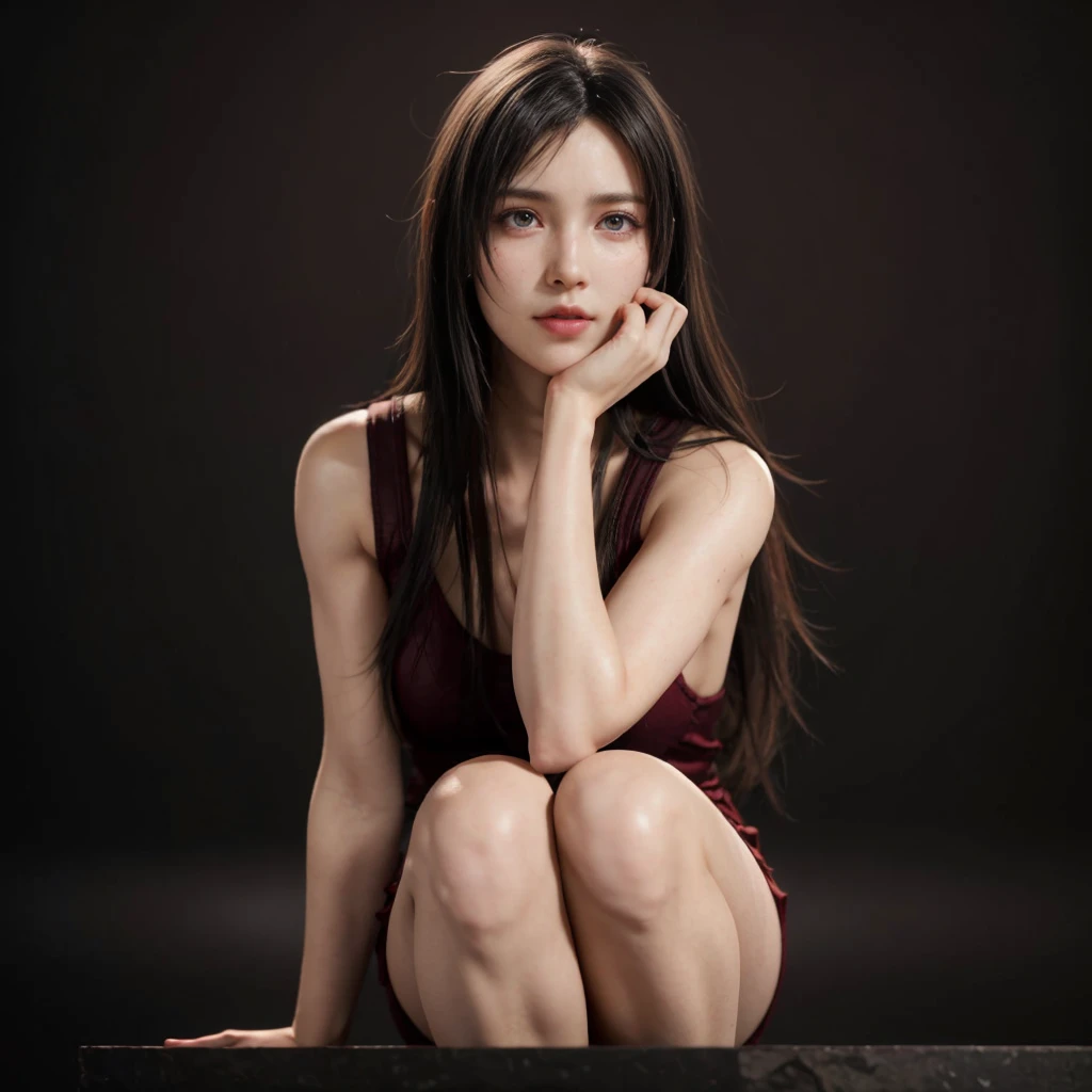 Tifa Lockhart, (best quality, ultra-detailed), (realistic:1.37), beautiful and detailed face, ultra-realistic texture, delicate face, delicate body, red lipstick, bright colors. high definition, 8K. serious expression