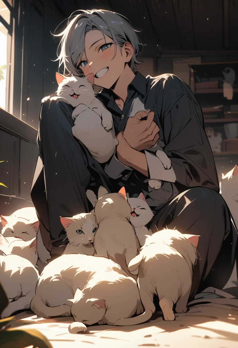 (masterpiece, best quality:1.1),
(Many kittens flock to one handsome man), kittens jumping on the man's clothes,beautiful lighting,happily,in his house,