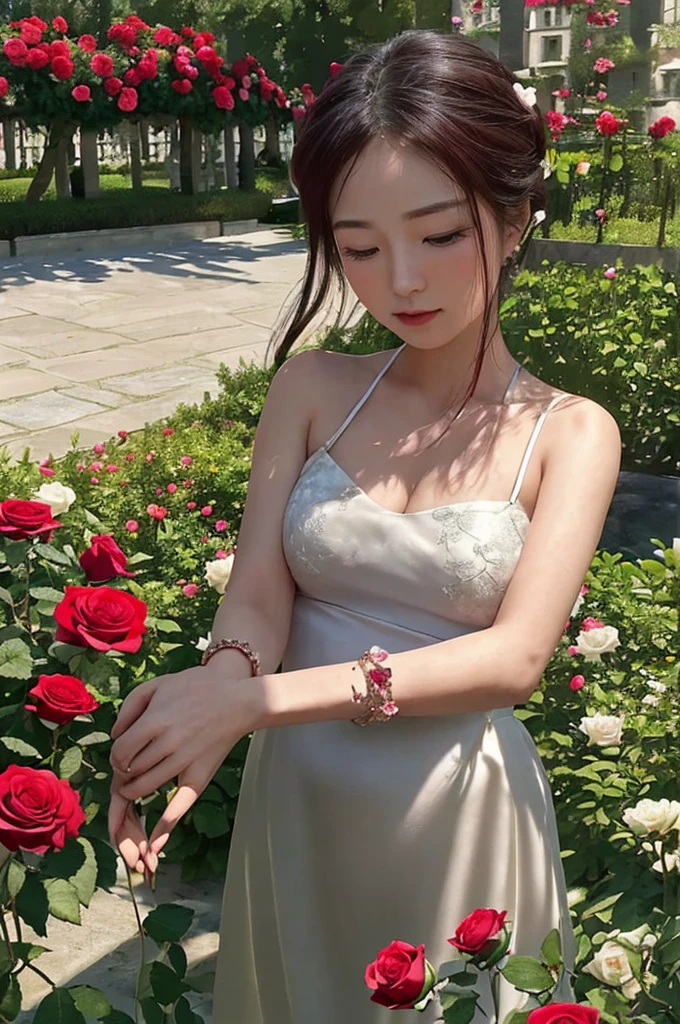 （lifelike， high resolution：1.3）， close up，Sense of story，Realism，Chinese aesthetics，Smart eyes，In a rose garden。Roses are delicate，Exuding an intoxicating aroma。Her expression is charming，Full of charm。A rose bracelet is worn on the wrist，The surrounding roses complement each other。Background is a sea of red roses，Dragonfly resting on the flowers，The castle and gardens in the distance。Colorful and attractive，Depicting a story about passion and dreams。