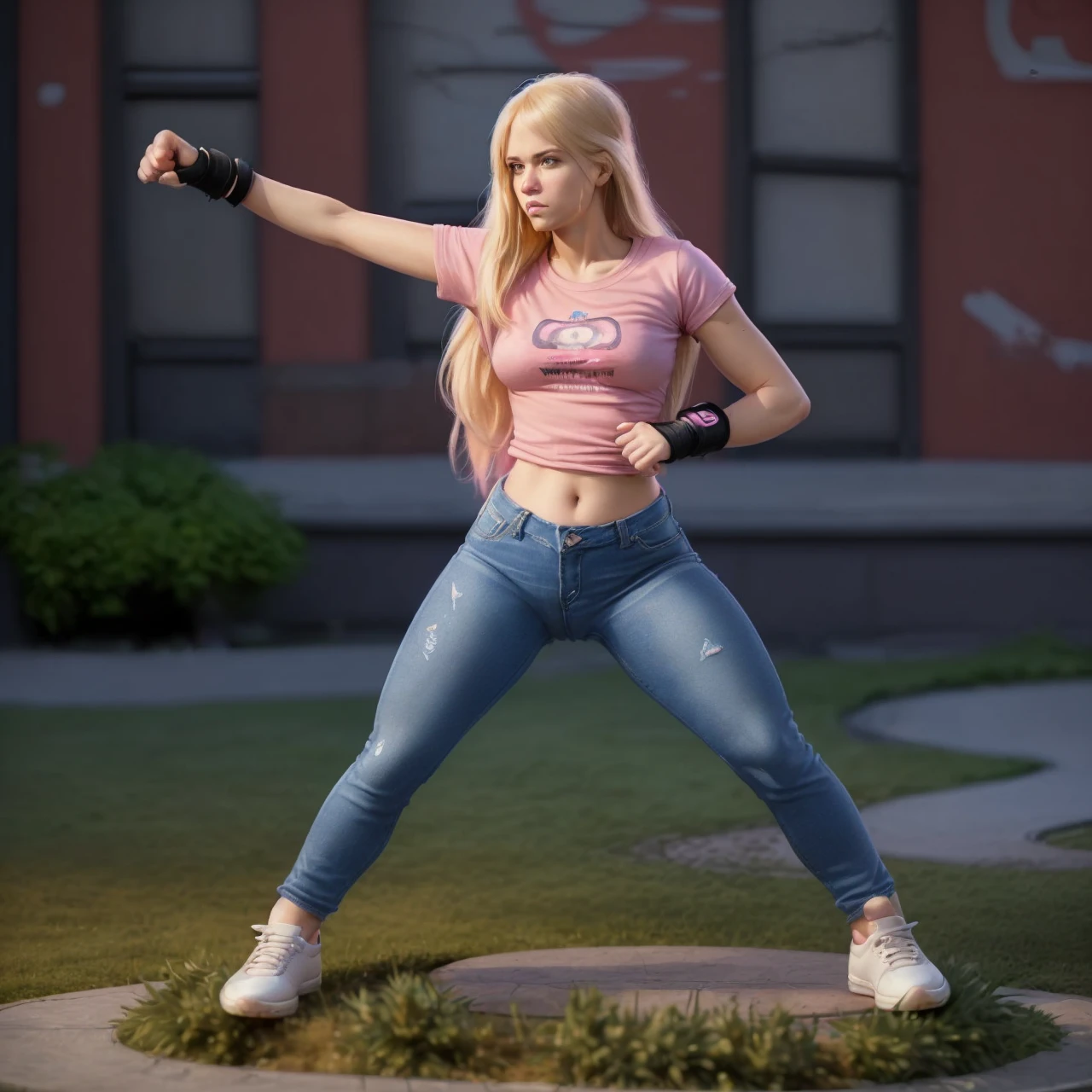 A portrait of a 30-year-old blonde woman with long hair in a pink T-shirt, tight blue jeans, sneakers; black wrist communicator; photo-realistic; 4k; 100mm; martial arts; technique pose; city yard, masterpiece