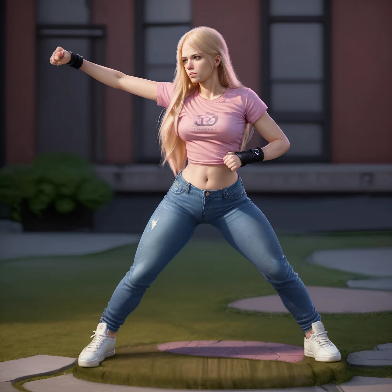 A portrait of a 30-year-old blonde woman with long hair in a pink T-shirt, tight blue jeans, sneakers; black wrist communicator; photo-realistic; 4k; 100mm; martial arts; technique pose; city yard, masterpiece