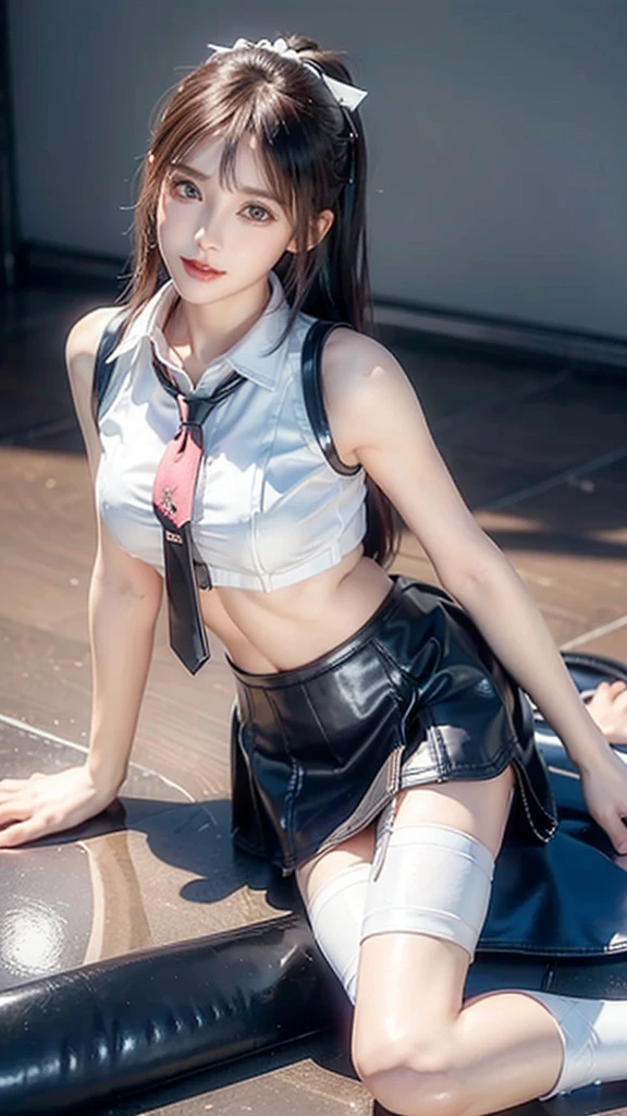 An innocent 20-year-old girl, (White sleeveless collared shirt and tie:1.5), (Leather mini skirt&Garter belt set:1.5), (High heels), (Dramatic Pose),smile, (High Ponytail),nature Park、RAW Photos, (8K, Highest quality, masterpiece:1.2), (Intricate details:1.4)、(reality:1.4), Octane Rendering, Complex 3D rendering with ultra-detail, Studio Soft Light, Rim Light, Crisp details, Super detailed, Realistic skin texture, detailed aspects, Beautiful details in the eyes, Highly detailed CG Unity 16k wallpaper, Compensate, (Detailed Background:1.2), Glowing Skin, whole body, ((Thin legs)), Narrow waist, Cleavage, (Looking at the audience:1.2),(((whole body画像))),(((Lying down)))