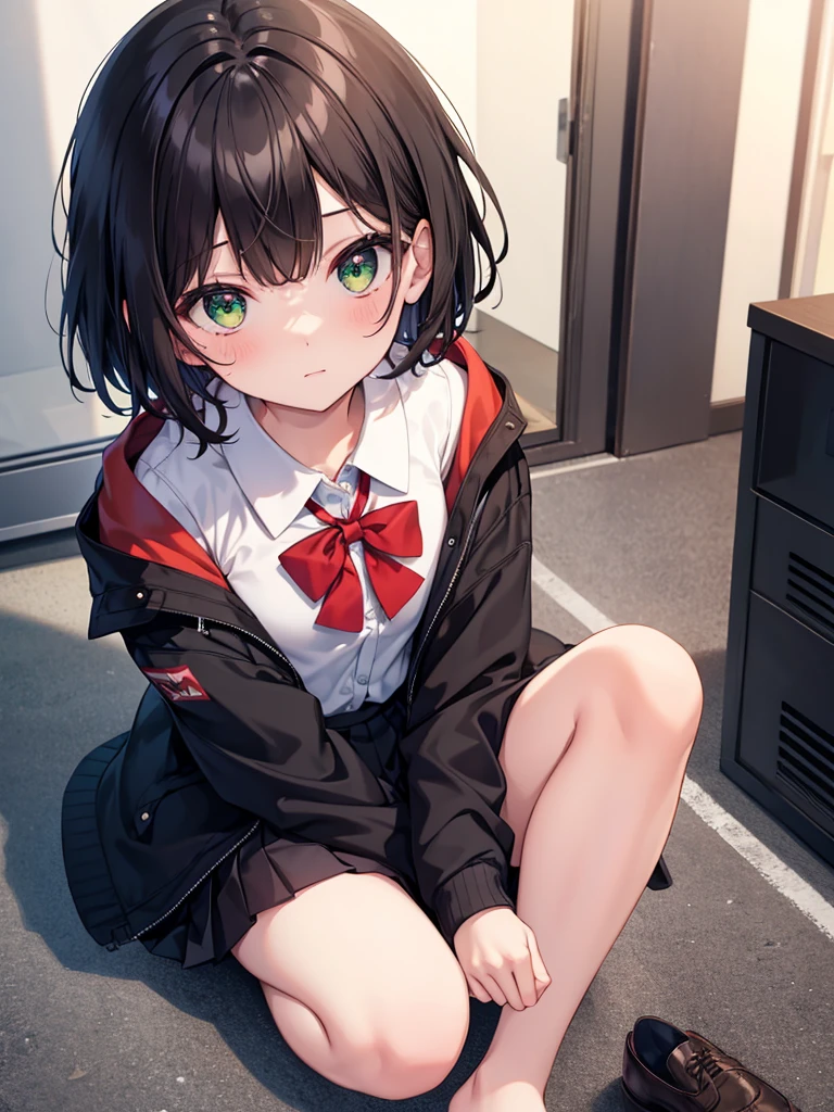 One girl, high school student, Dark brown parka jacket, White shirt, Red ribbon bow tie, Pleated skirt, mini skirt, barefoot, Black socks, Brown shoes, Jet Black Hair, short hair, Green Eyes, Beautiful attention to detail, Beautifully detailed face, Cute face, Medium chest, 16～18-year-old, alone, alone focus, I&#39;m playing the guitar, Electric guitar, Classroom Background, Warm lighting, empty classroom