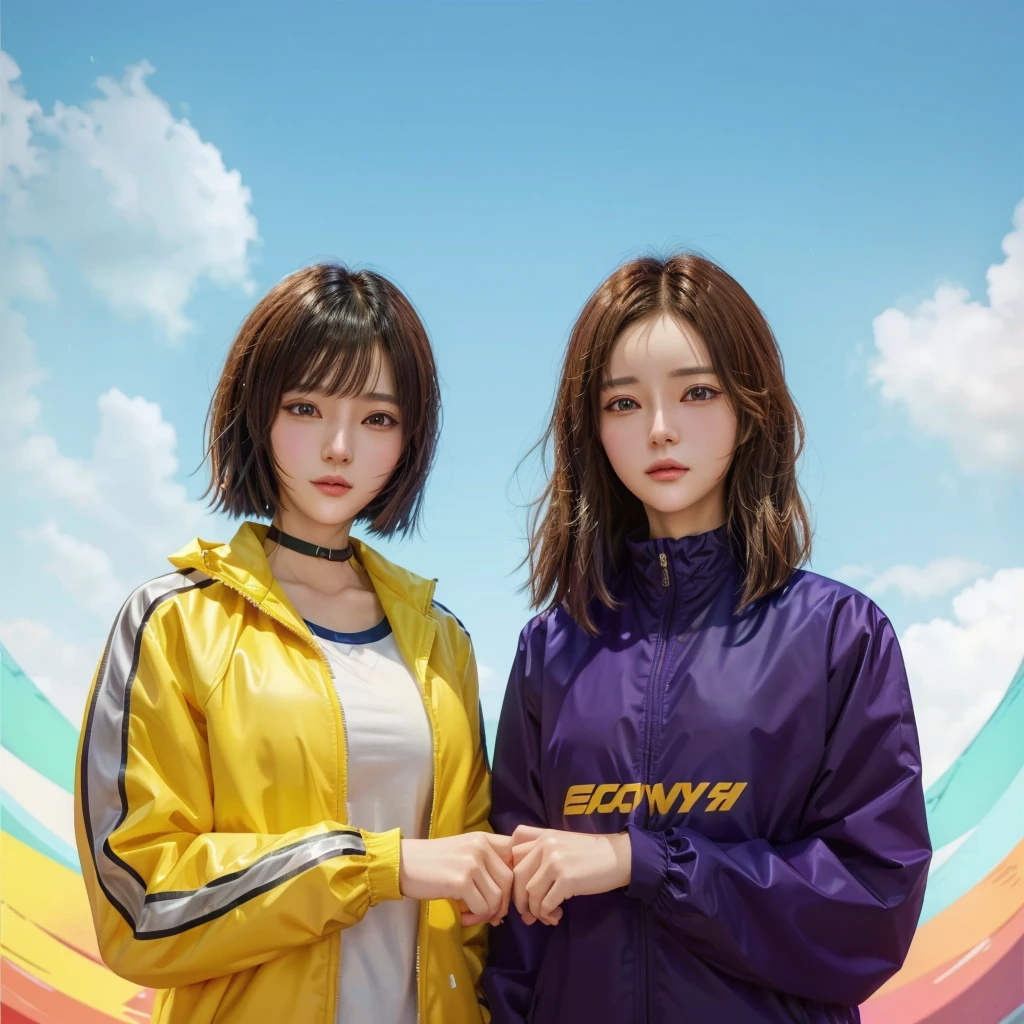 two women in jackets standing next to each other in front of a colorful background, inspired by Zou Yigui, smooth anime cg art, trending on cgstation, huang yuxing and aya takano, official artwork, game cg, e-girl, e - girl, realistic anime 3 d style, fanart, promotional render, yotobi