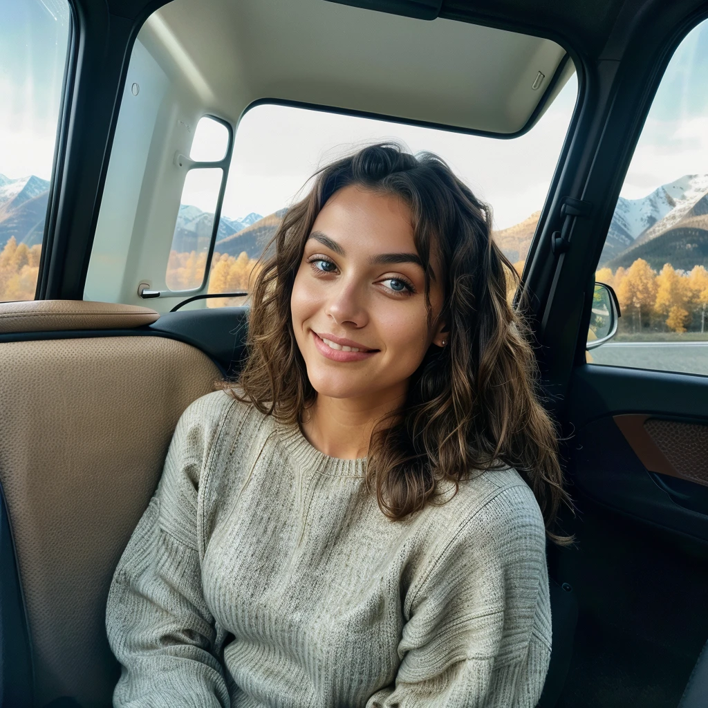 Beautiful brunette, who wears a sweater (22 years old, innocent face, naturally wavy hair, blue eye), sitting relaxed in the car ( car with an elegant interior, (sitting close to the window)), nice background, luxurious car ((Selfie on the upper body, a happy)), masterpiece, beste-Qualit, Ultra-detail, solo, En plein air, (the night), Mountains, Natur, (the stars, Officer) cheerful, analog style (look at the viewer: 1.2) (Skin texture) (Film grains: 1.3), (warm hue, warmer Ton: 1.2), a close-up of a, cinematiclight, sidelighting, extra high resolution, better shadow, SPIRIT, upper body, pullover