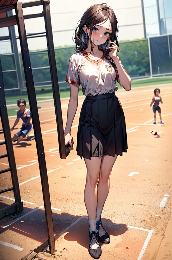 ((Biologically correct limb count))、(( Full-body photo including face))、4K、((Standing position))、masterpiece、((Focus on the face))、((Symmetrical facial features))、Eye for detailed depiction、Beautiful blue-haired woman、Excellent style、Beautiful clavicle、Beautiful feet、Beautiful Hands、Slender body、(Enamel clothes、skirt、Colored Stockings、garter belt、High heels)、Facial detailing、Small earrings、(Low - Angle、下からskirtの中を撮影するカメラアングル)、Black Hair、Silver Hair、((Embarrassed face)))、Close-up photo of the upper body、(Scenes of people playing sports:2)