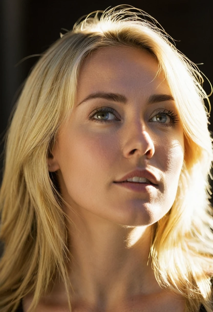 Bright blonde woman, looking directly up, strong backlighting