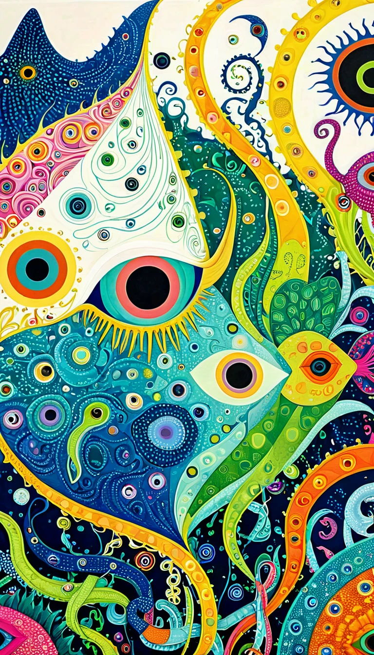 "Dick Ellescas Artist Style",Geometric Monsters,fish,Tentacles,Eye、diatom,Stitching together an abstract painting,Describing the inner world of autistic people,Sense of space,White Space,interesting,Innocence,Psychedelic Art,theme