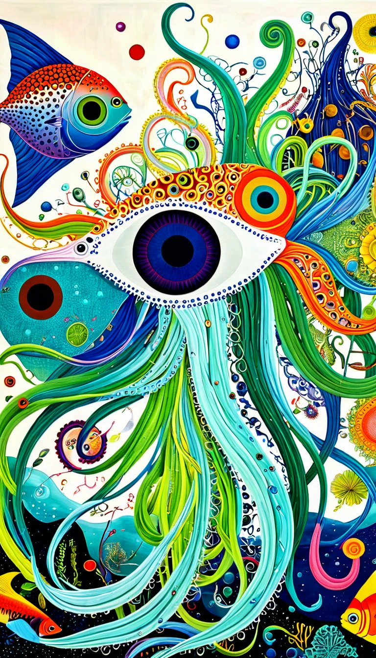 &quot;Dick Ellescas Artist Style&quot;,Geometric Monsters，fish，Tentacles，Eye、diatom，Stitching together an abstract painting，Describing the inner world of autistic people，Sense of space，White Space，interesting，Innocence，Psychedelic Art，theme