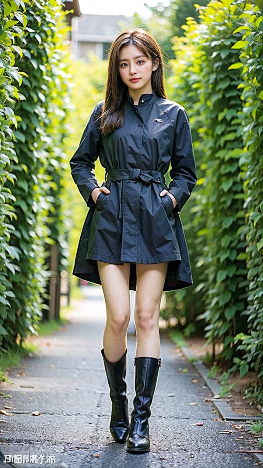 (8K、RAW Photos、Highest quality、masterpiece:1.2)、(Highest quality、Realistic)、1 Girl、((Black coat、tights、black and white mini skirt、Thin legs、whole body、boots、garden、View from the front、Looking into the camera、Idol Costume、、Stand with hands on hips))、cute