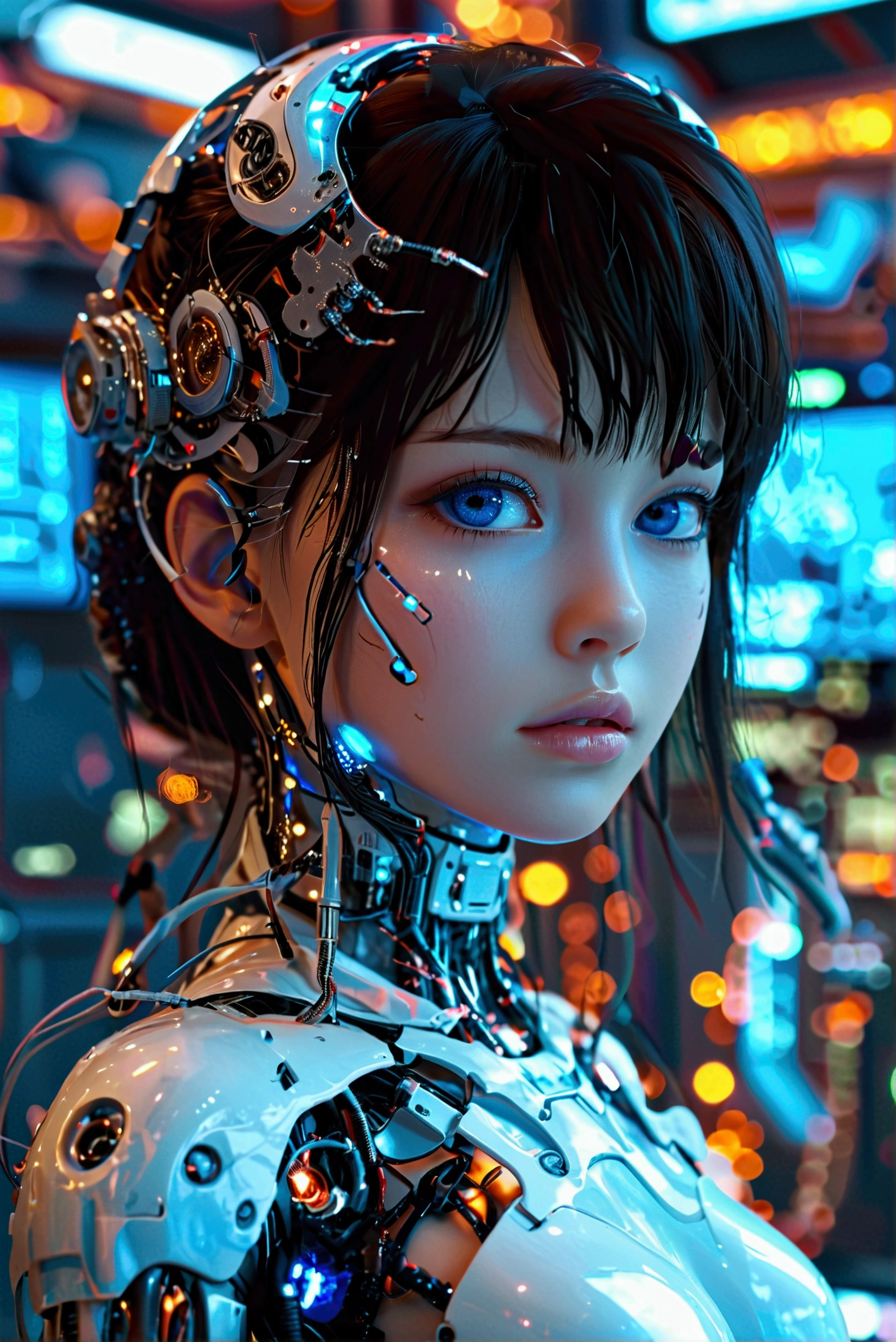 (Highest quality, High resolution, masterpiece:1.2), Very detailed, Realistic:1.37, (Perfect Anatomy),1 Girl,Cowboy Shot,Full body portrait of a cute and perfectly beautiful Japanese idol, female model、Transform into a cute cyborg,, (blue led eyes:1.3), (White bioacrylic body:1.2), ,,Detailed connection lines, Wires and cables connected to the head, cybernetics, cyber punk, Intricate decorative details, The background is the interior of a robotic operating room..,,Monitor screen