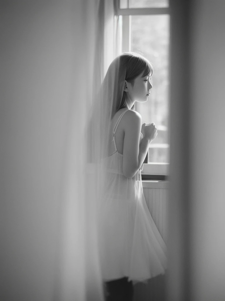 Leica Sumilux f1.4 50mm , old monochrome film , bokeh, flare, soft focus, Nordic girl , (ugly:0.9) , looking away , in the room , (naked:0.7)