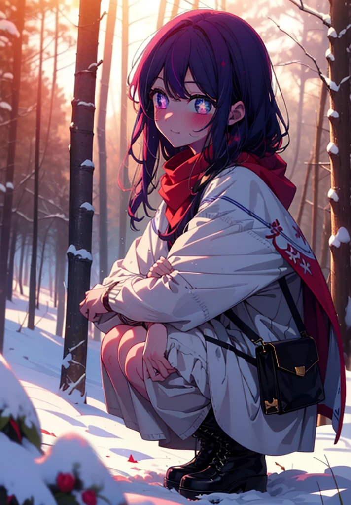 aihoshino, Ai Hoshino, Long Hair, bangs, (Purple eyes:1.1), Purple Hair, (Symbol-shaped pupil:1.5), smile,,smile,blush,White Breath,
Open your mouth,snow,Ground bonfire, Outdoor, boots, snowing, From the side, wood, suitcase, Cape, Blurred, , forest, White handbag, nature, Squat, Mouth closed, Cape, winter, Written boundary depth, Black shoes, red Cape break looking at viewer, Upper Body, whole body, break Outdoor, forest, nature, break (masterpiece:1.2), Highest quality, High resolution, unity 8k wallpaper, (shape:0.8), (Beautiful and beautiful eyes:1.6), Highly detailed face, Perfect lighting, Extremely detailed CG, (Perfect hands, Perfect Anatomy),