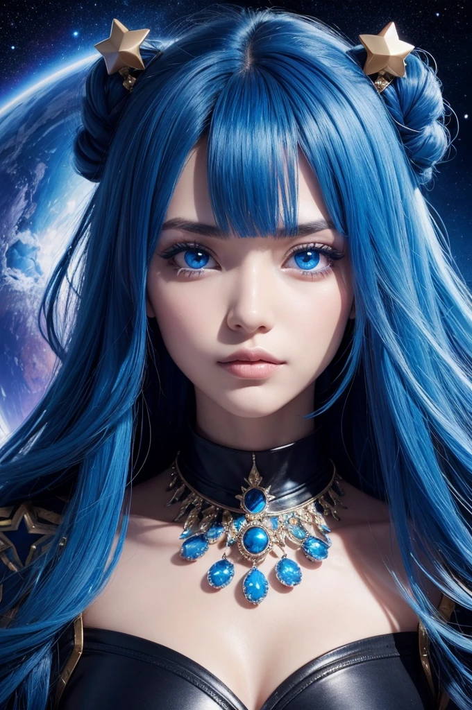 Kizi, star eyes, hair blue, universe, 
