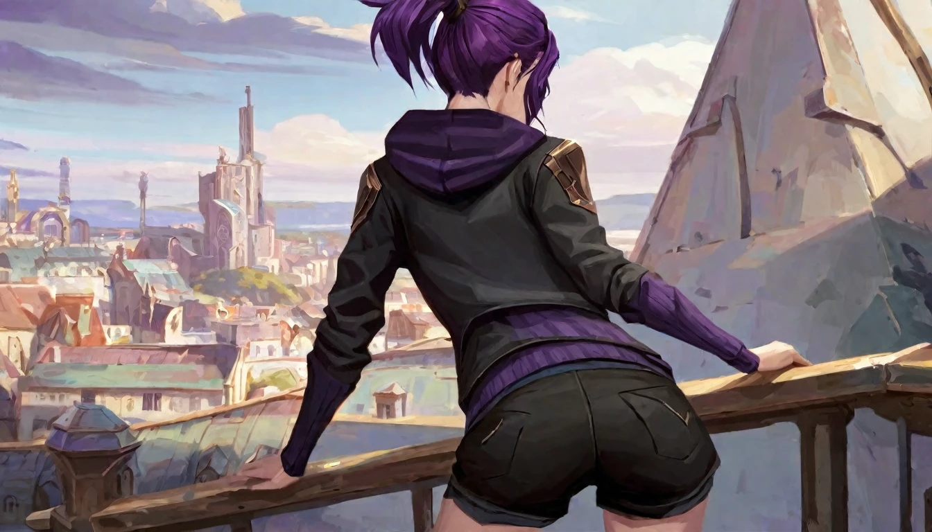 score_9, score_8_up, score_7_up, score_6_up, score_5_up, score_4_up, BREAK Arcane, solo, best aesthetic, league of legends, thin, pale skin, skinny, low ponytail, purple hair, back angle, purple hoodie, thick thighs, black shorts, tight clothing, highly detailed city background, purple clothes with black highlights,