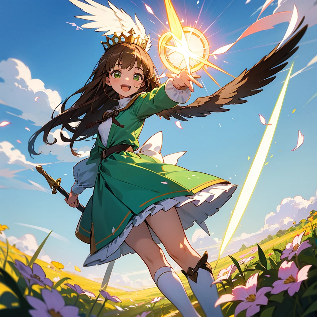 kawaii, anime, Cute, hyper quality, highly detailed, 16k, Front facing, Clarity, full body, smile, heart, Inciting point of view, one girl, long brown hair, green eyes, Magical girl, , brown hawk wings on the back, heart stick, white actinidia arguta flowers, over knee socks, ribbon, open your mouth and laugh, light dances, A bird of light flaps its wings, brandish a stick, morning sunshine, magic effect, magic attack, heart effect, accessories, cute costume, white petals dance, Standing on a green hill with blooming flowers, white sardine flower, blue sky, crown, a brown bird flapping its wings, clear sky, Light of the sun, long magic stick, fantasy world,