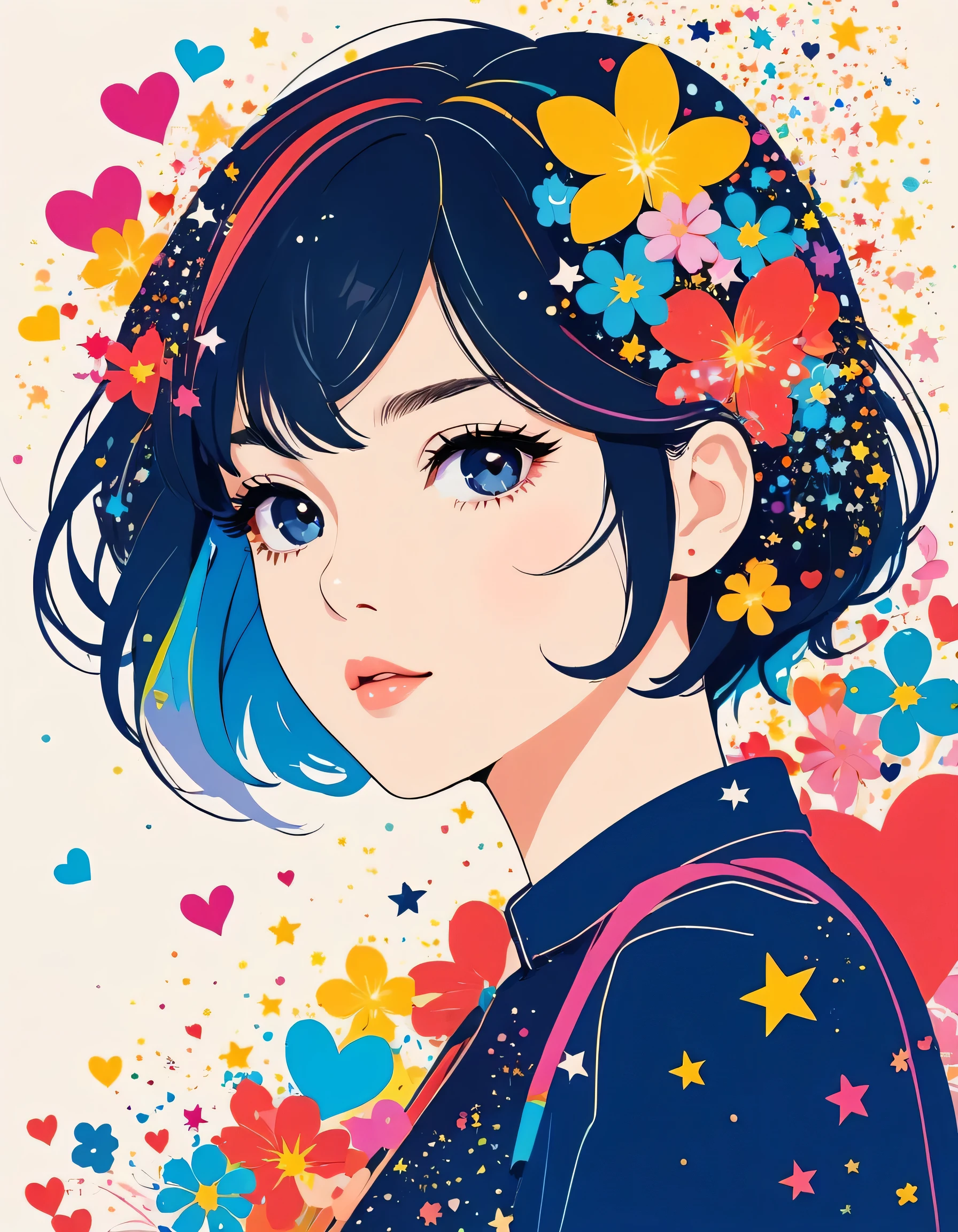 Mika Pikazo style, Simple Line Initialism,Abstract art,stylish Design, The most beautiful girl of all time, The background is star dust, colorful hearts, colorful flowers,