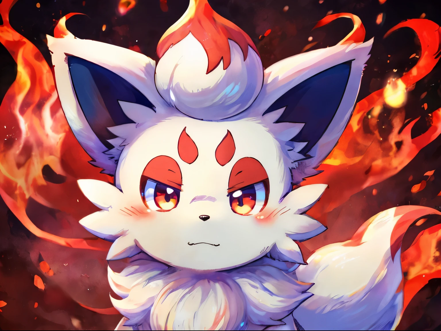 by：hirochanu，hisuian zorua，white fur,shiny pokemon,red markings,
