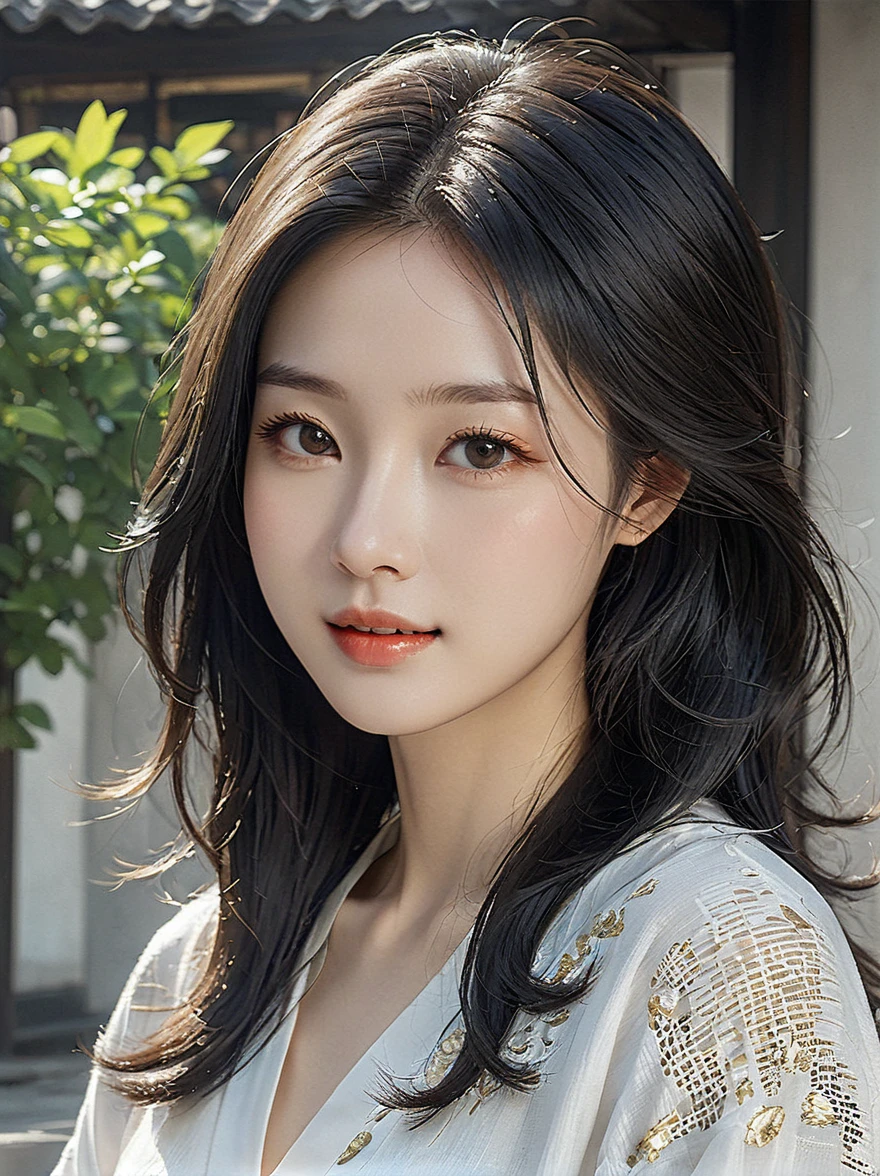 cute female teen girl in high polish, in the style of xiaofei yue, dark white and dark gold, happycore, cut/ripped, soft femininity, nobuo sekine, meticulous lines --s 750