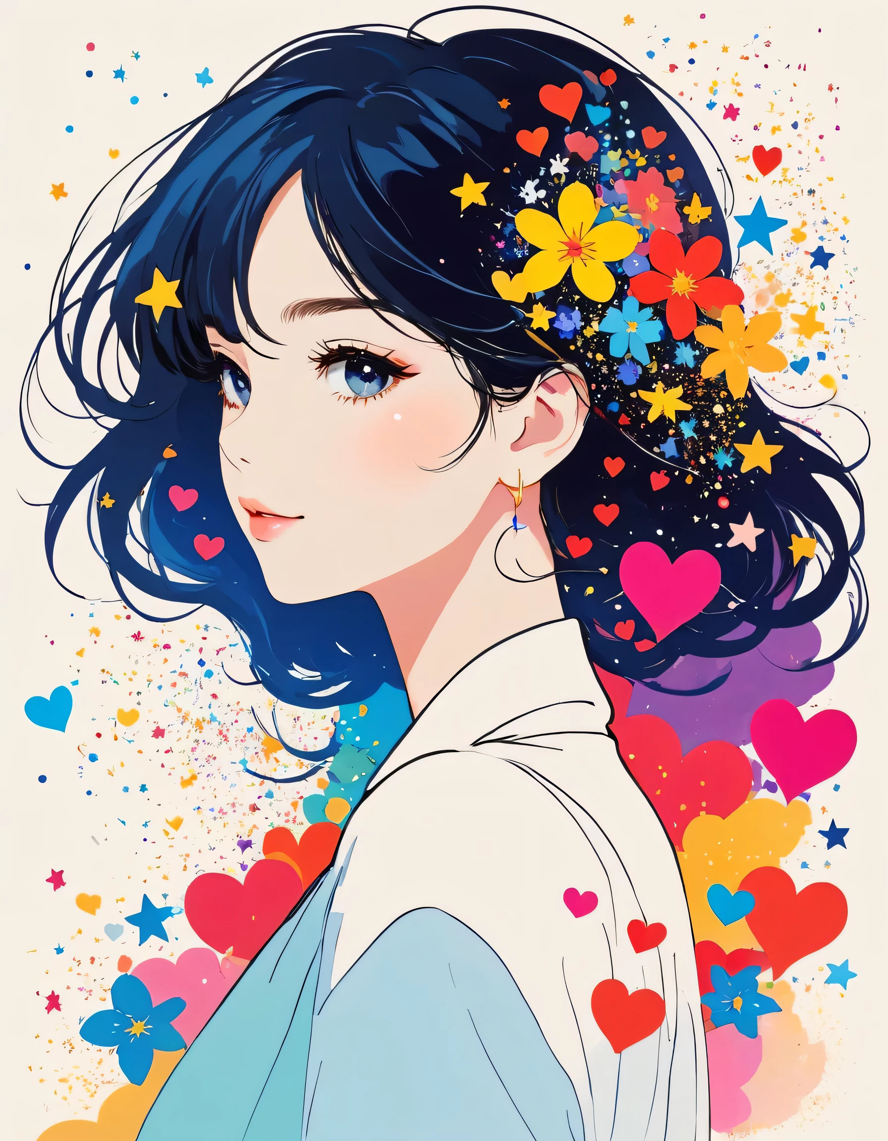 Mika Pikazo style, Simple Line Initialism,Abstract art,stylish Design, The most beautiful girl of all time, The background is star dust, colorful hearts, colorful flowers,