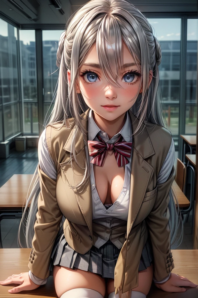 (masterpiece:1.3, Highest quality, Ultra-high resolution, Super detailed), (Realistic, photoRealistic:1.4), Beautiful illustrations, Perfect lighting, Natural light, Depth of written boundary, , Beautiful detailed hair, Beautifully detailed face, Beautiful attention to detail, Beautiful clavicle, Beautiful body, Beautiful breasts, Beautiful thighs, Beautiful feet, Beautiful Hands, View your viewers, (Face Focus), 1 Girl, high school girl, Alisa Kujou, (Perfect Anatomy, Anatomically correct), Cute and symmetrical face, Baby Face, Perfect Face, Perfect Eyes, Shiny skin, (Long Hair, Straight hair, Sideburns, Silver Hair), Crossed bangs, Ahoge, blue eyes, Slanted Eyes, Long eyelashes, (Medium chest, Captivating thighs), thin, Excellent style, (school uniform, Long sleeve light brown blazer, Grey vest, Grey pleated skirt with white lines, White collared shirt, White thigh-high socks with gold lines), Red bow tie, (Beautiful views), evening, (School classroom:1.2), (Cute smile, Part your lips),