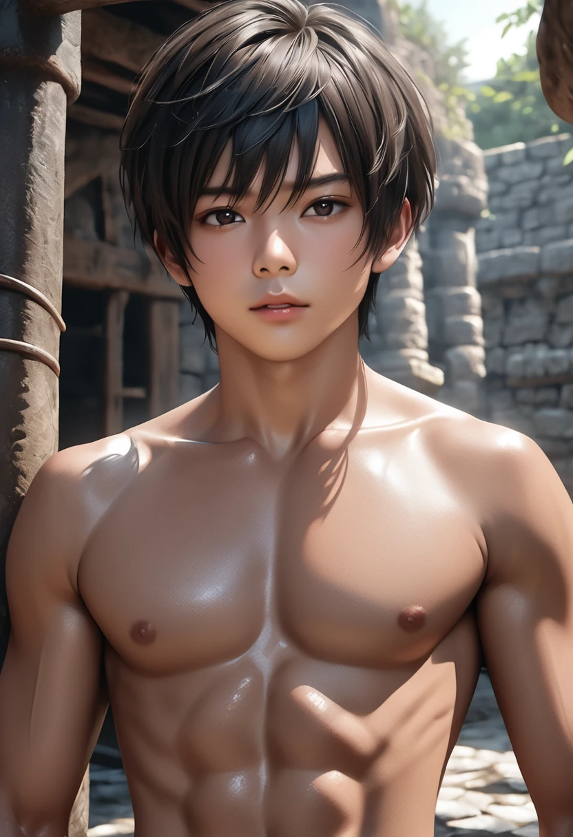 high quality, detailed, photo Realistic, (22 years old tanned japanese idol boy), (detailed black eyes), (black short hair),(tanned shiny skin:1.3), black tiny thong, bulge,(detailed nipples), yard, dungeon, (best quality,4k,8k,highres,masterpiece:1.2), (face close up:0.8),(realistic,photorealistic,photo-realistic:1.37),