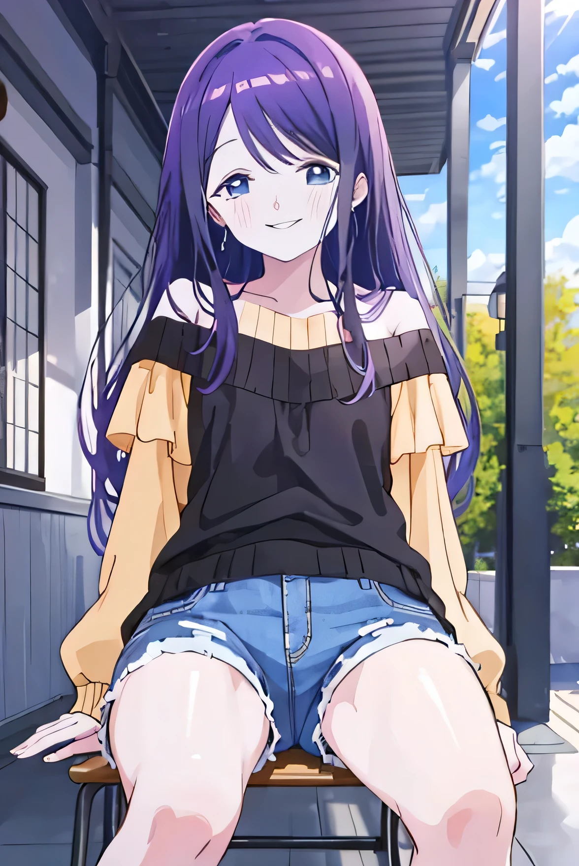 Best masterpiece, anime coloring, ultra-detail, 8K、((Sit on the veranda))、buzzer, morning, sun、White off-shoulder 、 shorts jeans、from below、looking down、smile