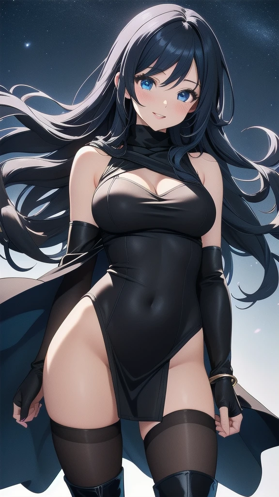 masterpiece, best quality, 1 solo girl, dark blue hair, blue eyes, long hair, medium breasts, sexy body and face, wavy hair, smile, parted lips, gradient clothes, dress, elbow gloves, sleeveless, bare shoulders, cape,boots, bracelet, sleeveless dress, ribbon, black gloves, turtleneck, short dress, pantyhose, black footwear, night, sexy pose, cowboy shots, detailed body, face, and eyes, sharp focus, vibrant, creative, dynamic, high definition, high resolution, 8k, (Upscale: R-ESRGAN 4x+ Anime6mage enchance:4x), voluptuous body, cinema lightning, dakimakura style, looking at the viewer,