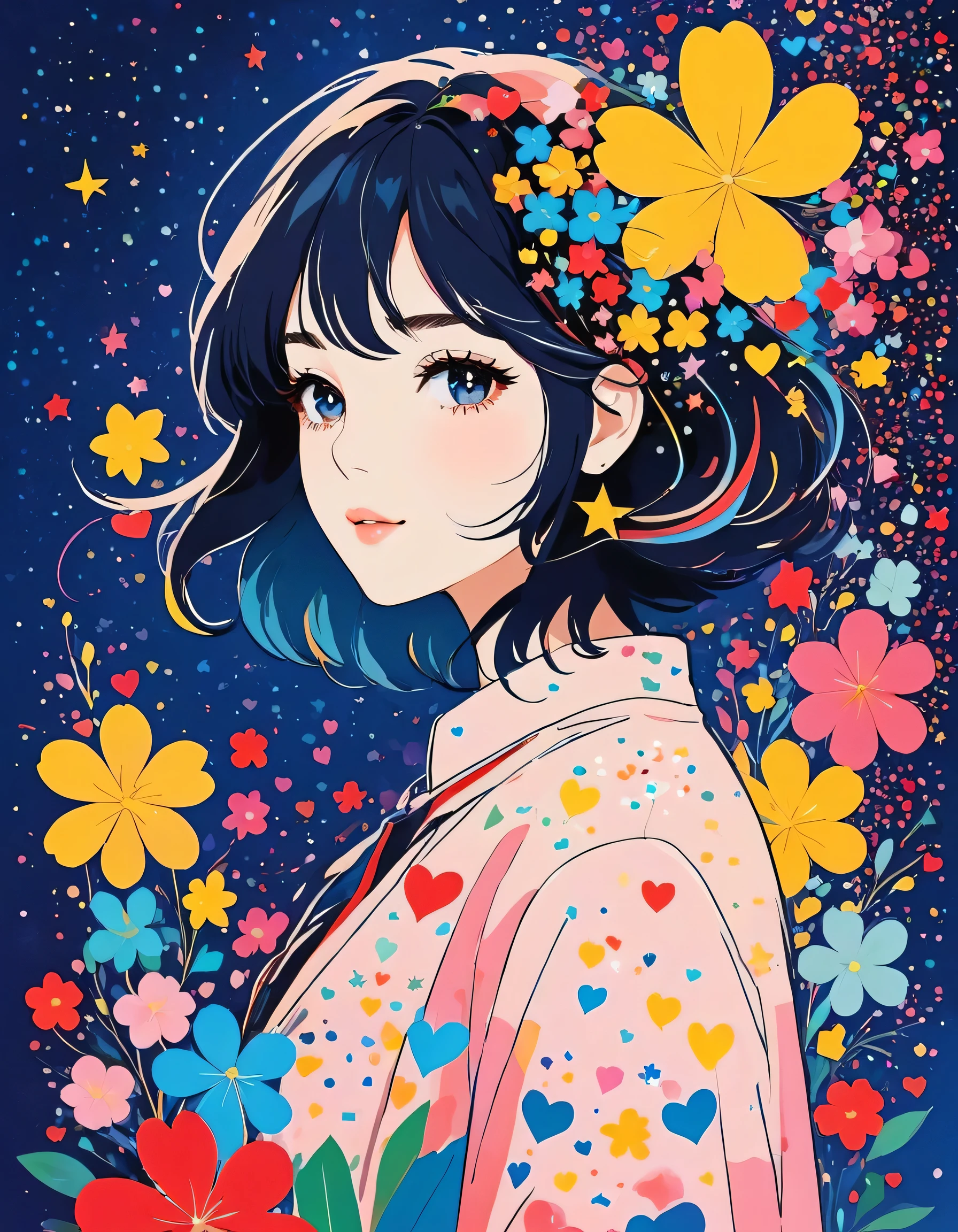 Mika Pikazo style, Simple Line Initialism,Abstract art,stylish Design, The most beautiful girl of all time, The background is star dust, colorful hearts, colorful flowers,
