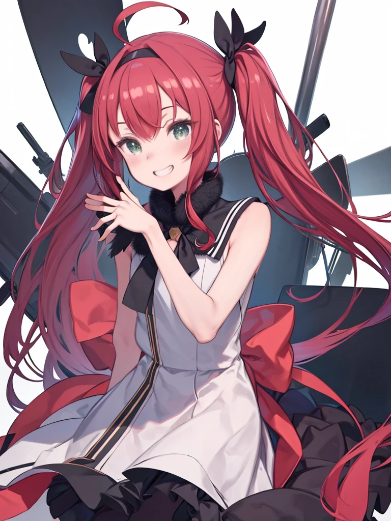 Highest quality, masterpiece, High resolution, 一人in, {Sichuan wind_Kantai Collection:1.15}, length_hair, red_hair, ribbon, hairband, hair_ribbon, 前hair, Ahoge, twin tails, Side Lock, low_twin tails, asymmetrical_前hair, very_length_hair, smile, green_eye, Seraphim, Sleeveless, hair_flap, 1 Girl, just_shoulder, black_gloves, gloves, looking for_in_Audience, School_uniform, elbow_gloves, fingerless_gloves, Sleeveless_shirt, white_background, grin and laugh, Simple_background