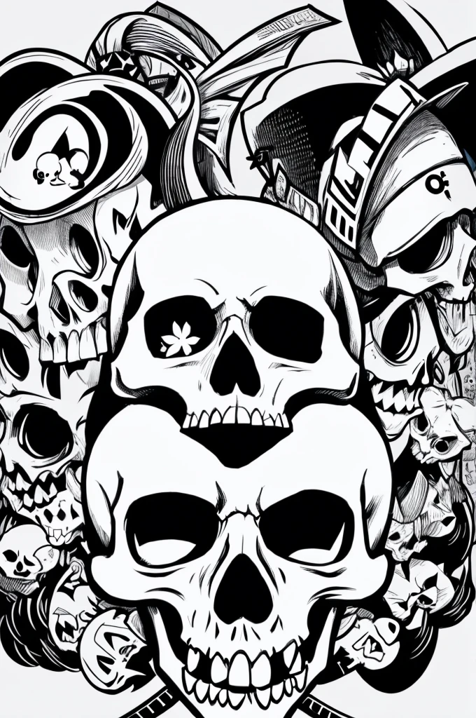 Black and White,Monochrome,Cartoon,Funny,Skull,skull,An illustration,simple,animation,Funk,White background,White back
