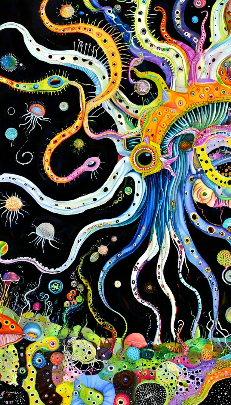 &quot;Dick Ellescas Artist Style&quot;,root，earthworm，Caterpillash，Tentacles，Eye、diatom，Stitching together an abstract painting，Describing the inner world of autistic people，Sense of space，White Space，interesting，Innocence，Psychedelic Art，Dark Theme