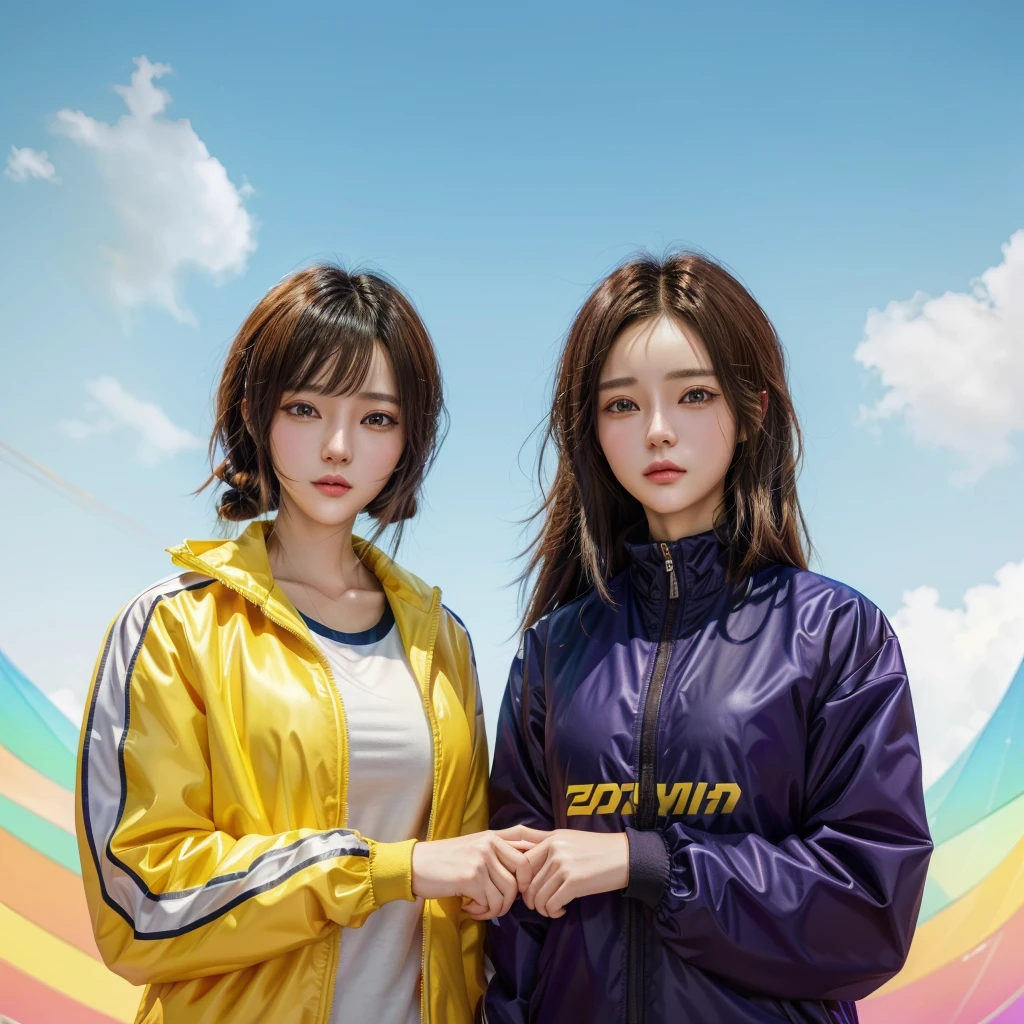 two women in jackets standing next to each other in front of a colorful background, inspired by Zou Yigui, smooth anime cg art, trending on cgstation, huang yuxing and aya takano, official artwork, game cg, e-girl, e - girl, realistic anime 3 d style, fanart, promotional render, yotobi, hair pony