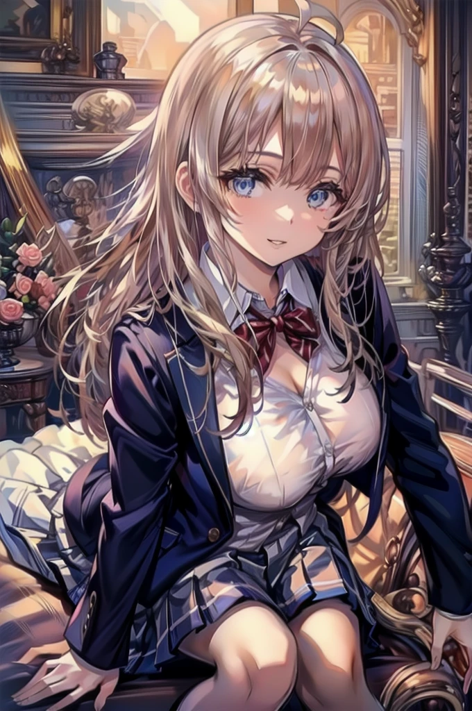 (masterpiece:1.3, Highest quality, Ultra-high resolution, Super detailed), (Realistic, photoRealistic:1.4), Beautiful illustrations, Perfect lighting, Natural light, Depth of written boundary, , Beautiful detailed hair, Beautifully detailed face, Beautiful attention to detail, Beautiful clavicle, Beautiful body, Beautiful , Beautiful thighs, Beautiful feet, Beautiful Hands, View your viewers, (Face Focus), 1 Girl, high school girl, Alisa Kujou, (Perfect Anatomy, Anatomically correct), Cute and symmetrical face, Baby Face, Perfect Face, Perfect Eyes, Shiny skin, (Long Hair, Straight hair, Sideburns, Silver Hair), Crossed bangs, Ahoge, blue eyes, Slanted Eyes, Long eyelashes, (Medium chest, Captivating thighs), thin, Excellent style, (school uniform, Long sleeve light brown blazer, Grey vest, Grey pleated skirt with white lines, White collared shirt, White thigh-high socks with gold lines), Red bow tie, (Beautiful views), evening, (School classroom:1.2), (Cute smile, Part your lips),