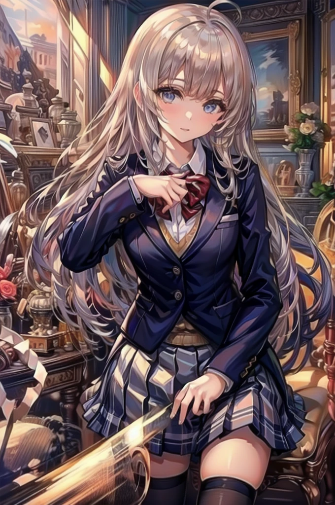 (masterpiece:1.3, Highest quality, Ultra-high resolution, Super detailed), (Realistic, photoRealistic:1.4), Beautiful illustrations, Perfect lighting, Natural light, Depth of written boundary, , Beautiful detailed hair, Beautifully detailed face, Beautiful attention to detail, Beautiful clavicle, Beautiful body, Beautiful breasts, Beautiful thighs, Beautiful feet, Beautiful Hands, View your viewers, (Face Focus), 1 Girl, high school girl, Alisa Kujou, (Perfect Anatomy, Anatomically correct), Cute and symmetrical face, Baby Face, Perfect Face, Perfect Eyes, Shiny skin, (Long Hair, Straight hair, Sideburns, Silver Hair), Crossed bangs, Ahoge, blue eyes, Slanted Eyes, Long eyelashes, (Medium chest, Captivating thighs), thin, Excellent style, (school uniform, Long sleeve light brown blazer, Grey vest, Grey pleated skirt with white lines, White collared shirt, White thigh-high socks with gold lines), Red bow tie, (Beautiful views), evening, (School classroom:1.2), (Cute smile, Part your lips),