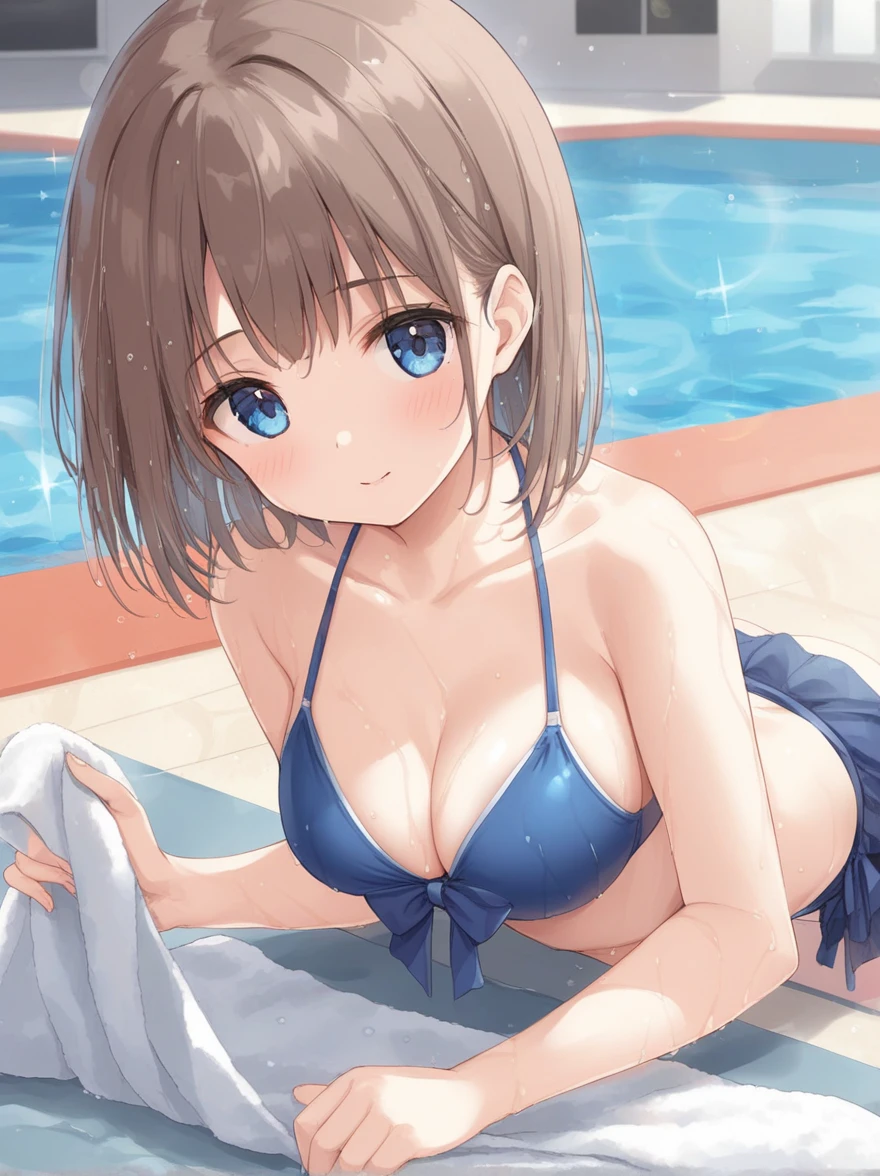 (best quality), ((masterpiece)), (highres), illustration, original, extremely detailed,   yyds, 1girl, solo, watanabe you, breasts, blue eyes, swimsuit, cleavage, bikini, towel, looking at viewer, short hair, medium breasts, blush, blue bikini, wet, poolside, pool, bow, sparkle, wet hair, brown hair, water, blue bow, bikini skirt, collarbone, holding, grey hair, bangs
