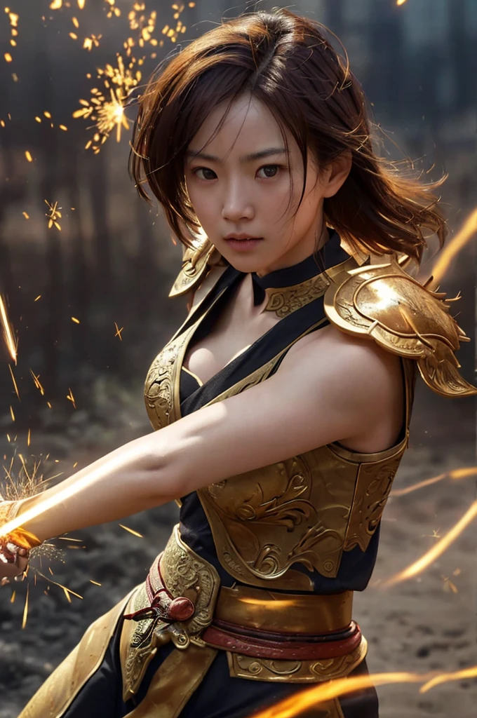 （lifelike， high resolution：1.3）， close up，Sense of story，Realism，Chinese aesthetics，Smart eyes，The image showcases a warrior-like figure,seemingly made of metal,wielding a glowing,long sword. The figure's armor is intricately designed with sharp,angular patterns,and it emanates a fiery,Golden Aura. The background is filled with sparks and embers,suggesting a scene of intense battle or conflict.,a cute girl,160 color holder,shot on ARRI ALEXA 65,bokeh,sharp focus on subject,highest details,photorealistic,high background details,FOG,high face details,8K,raytracing,