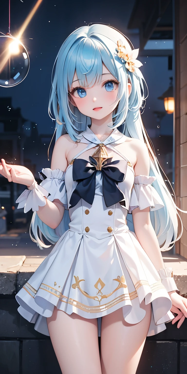 high quality3D世界、Photographic and photorealism、high quality、Detailed depiction of one girl, Light blue hair,Magical Girl Blue Eyes, magic circle, Soap bubble,splatter,night, Particles of light, light, Side Lighting, Thighs